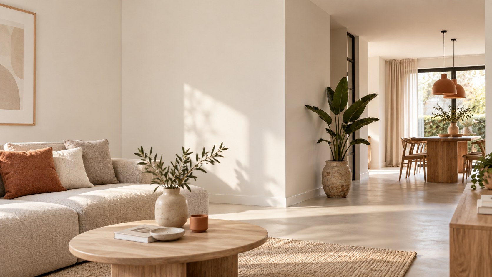 Warm modern interieur met strak afgewerkte wandvlakken
